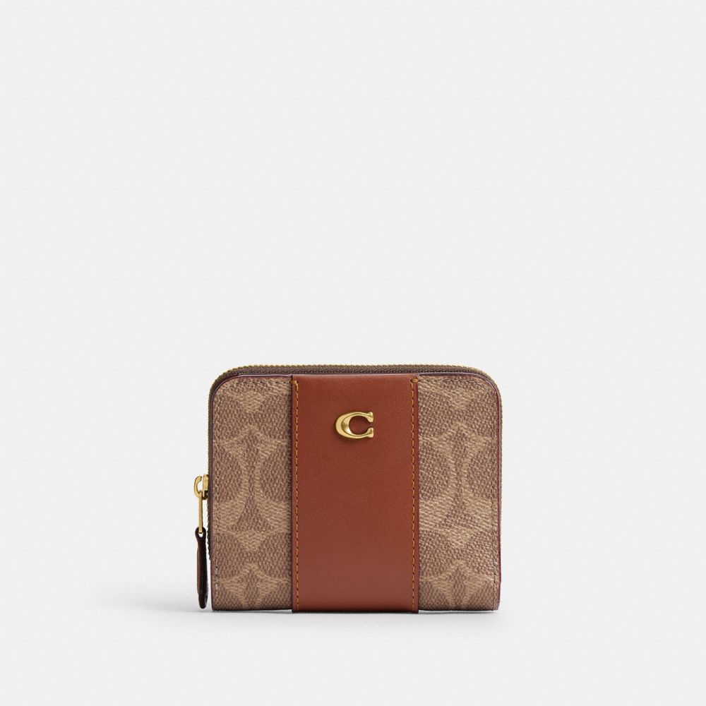 Coach Essential Billfold Wallet In Colorblock Signature Canvas Brass/Tan Caramel