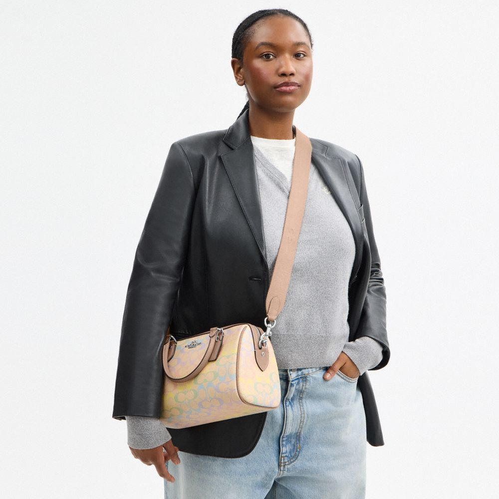 Coach Rowan Satchel Bag In Rainbow Signature Canvas Silver Sand Multi