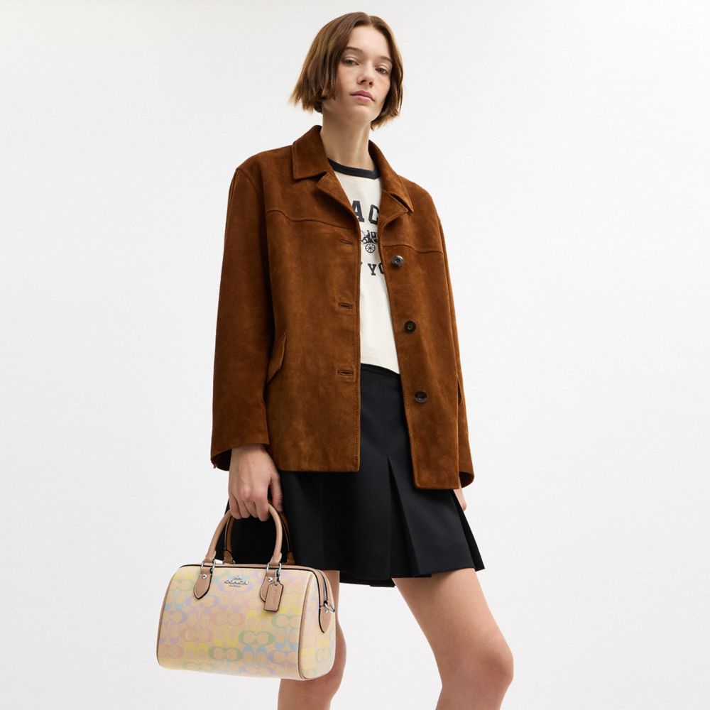 Coach Rowan Satchel Bag In Rainbow Signature Canvas Silver Sand Multi