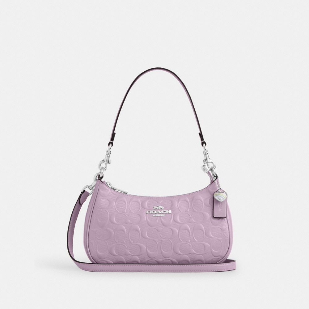 Coach Teri Shoulder Bag In Signature Leather With Heart Charm Silver Light Violet