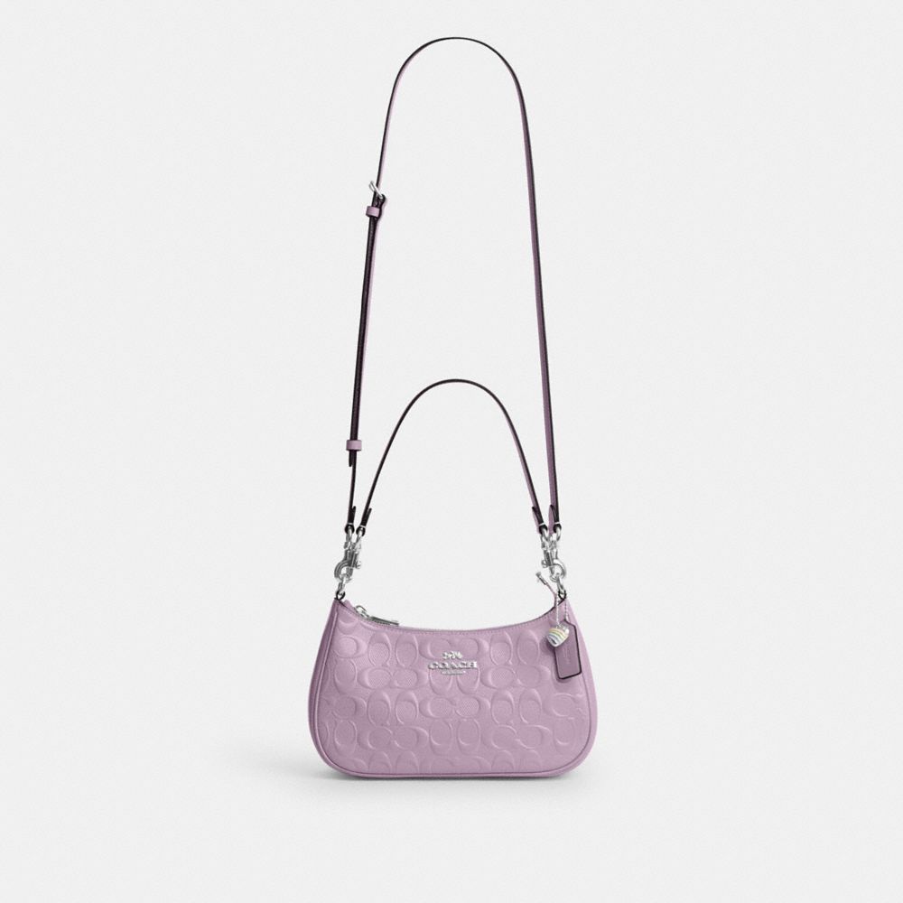 Coach Teri Shoulder Bag In Signature Leather With Heart Charm Silver Light Violet