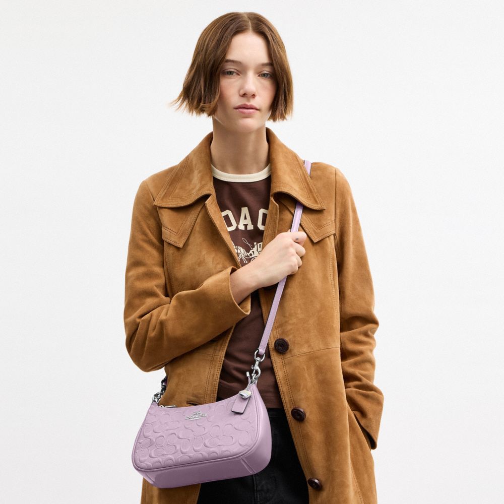 Coach Teri Shoulder Bag In Signature Leather With Heart Charm Silver Light Violet