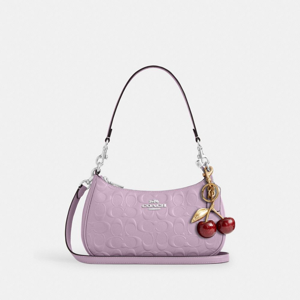 Coach Teri Shoulder Bag In Signature Leather With Heart Charm Silver Light Violet