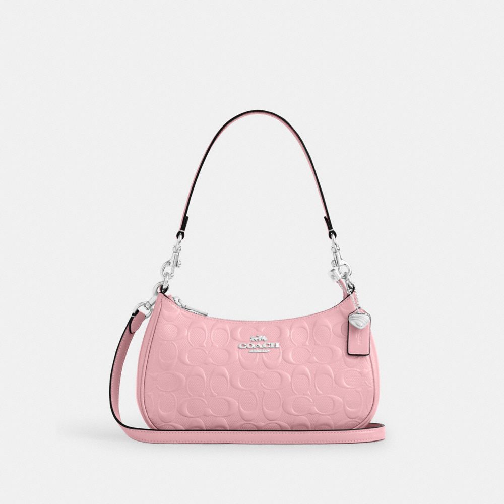 Coach Teri Shoulder Bag In Signature Leather With Heart Charm Silver Pink