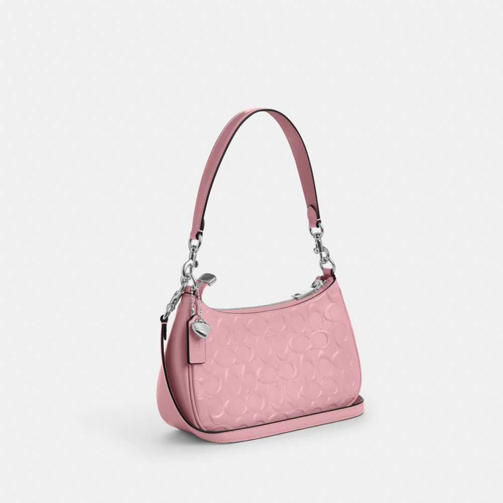 Coach Teri Shoulder Bag In Signature Leather With Heart Charm Silver Pink
