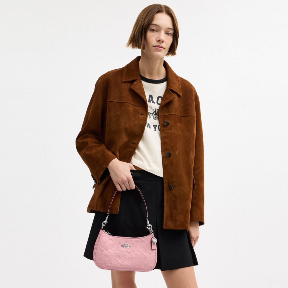 Coach Teri Shoulder Bag In Signature Leather With Heart Charm Silver Pink