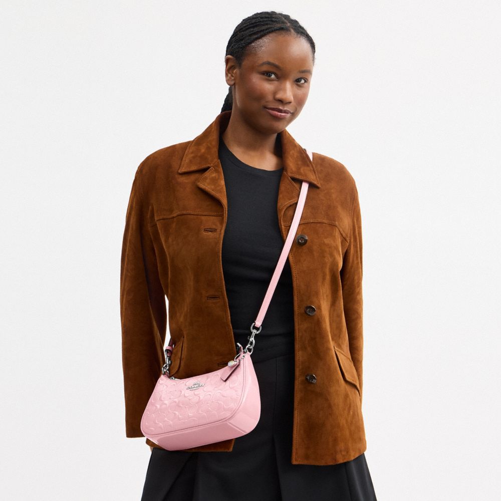 Coach Teri Shoulder Bag In Signature Leather With Heart Charm Silver Pink