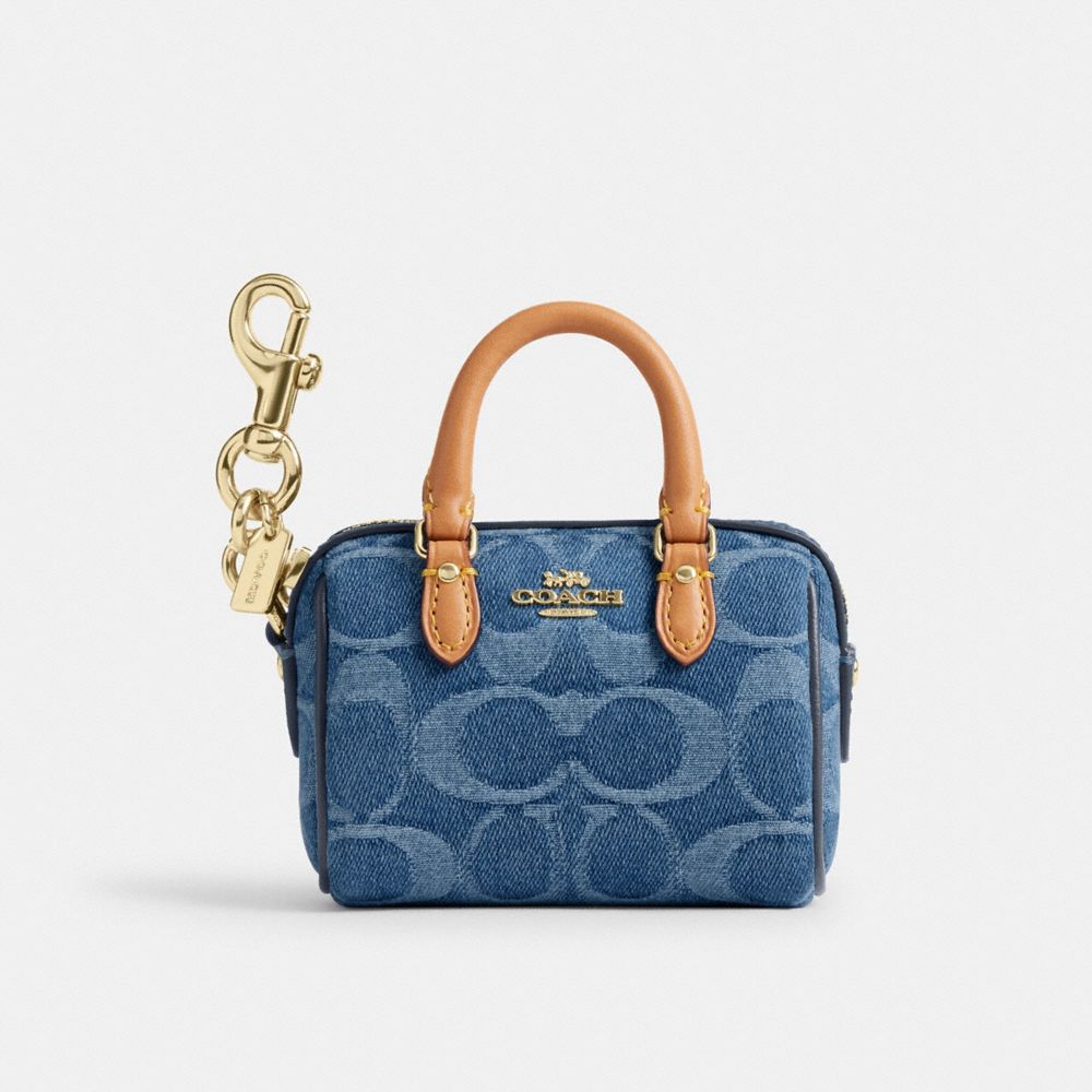 Coach Mini Rowan Bag Charm In Signature Denim Gold Indigo