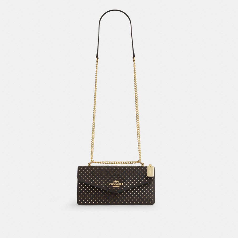 Coach Klare Envelope Crossbody Bag In Signature Canvas With Rivets Gold Walnut Black Multi