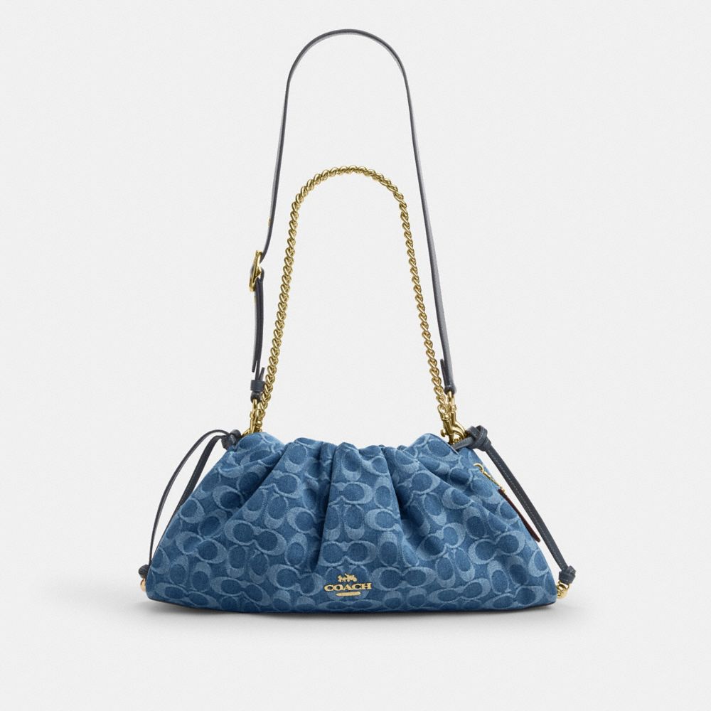 Coach Faye Large Shoulder Bag In Signature Denim Gold Indigo