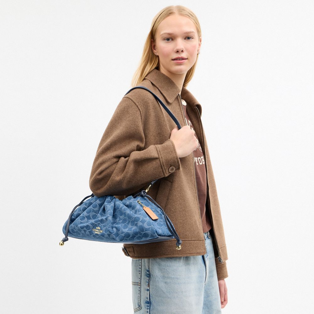 Coach Faye Large Shoulder Bag In Signature Denim Gold Indigo