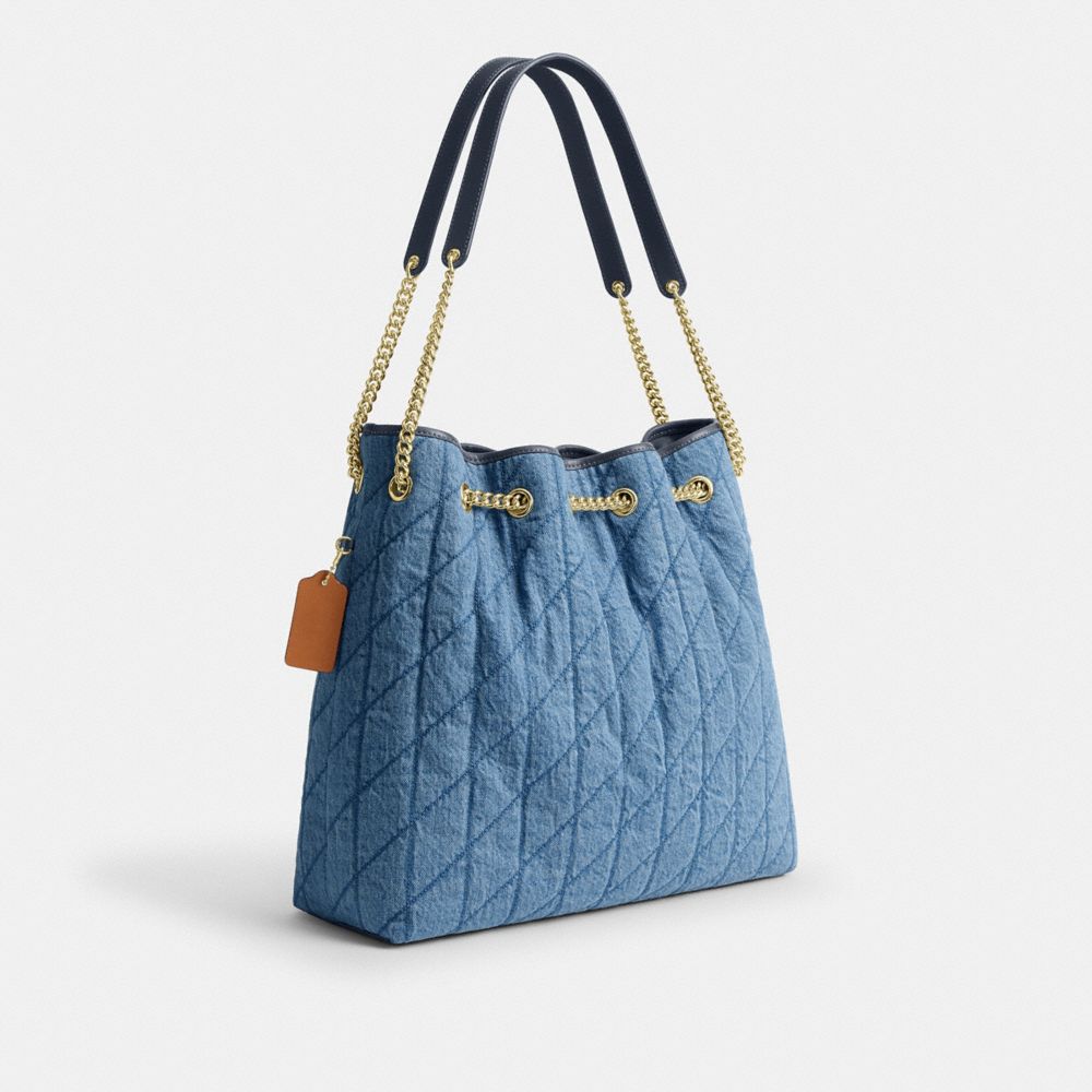 Coach Evelyn Large Shoulder Bag In Regenerative Cotton With Quilting Gold Indigo