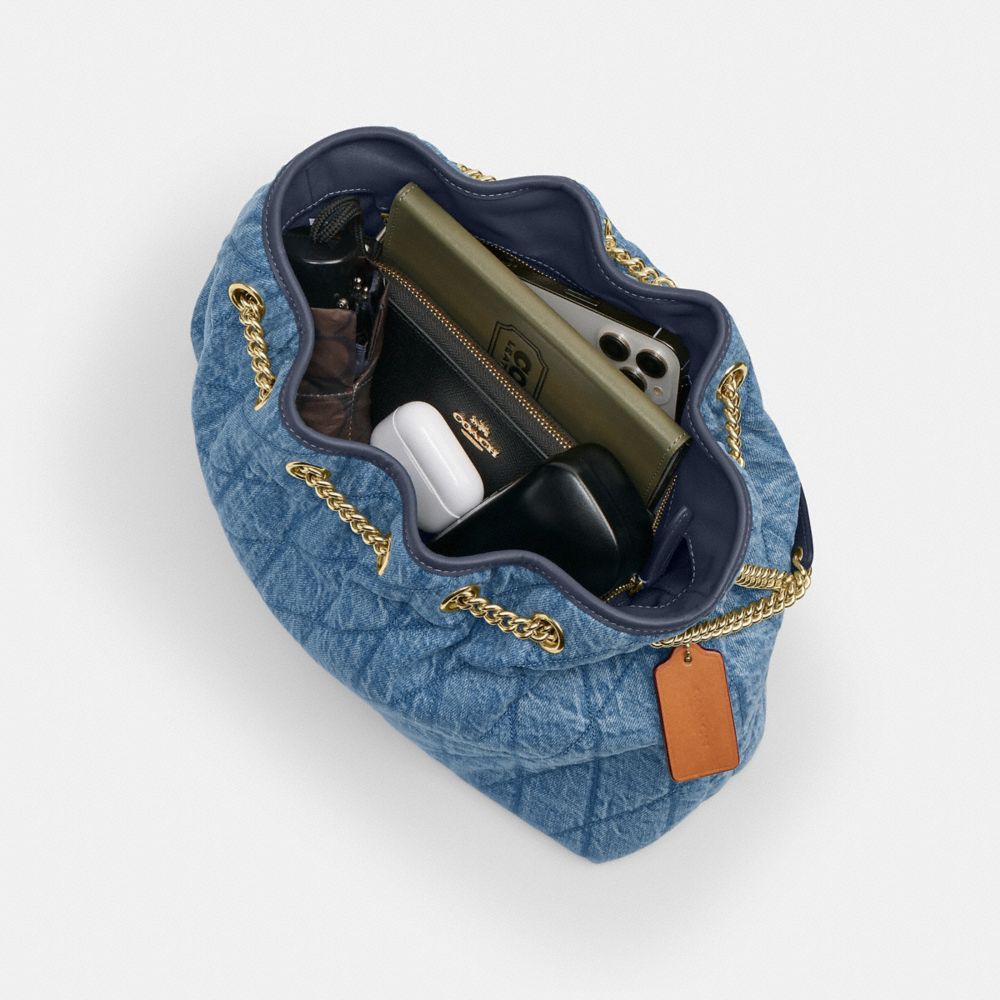 Coach Evelyn Shoulder Bag In Regenerative Cotton With Quilting Gold Indigo