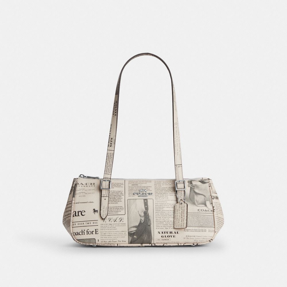 Coach Asher Shoulder Bag With Newspaper Print Silver Chalk Multi