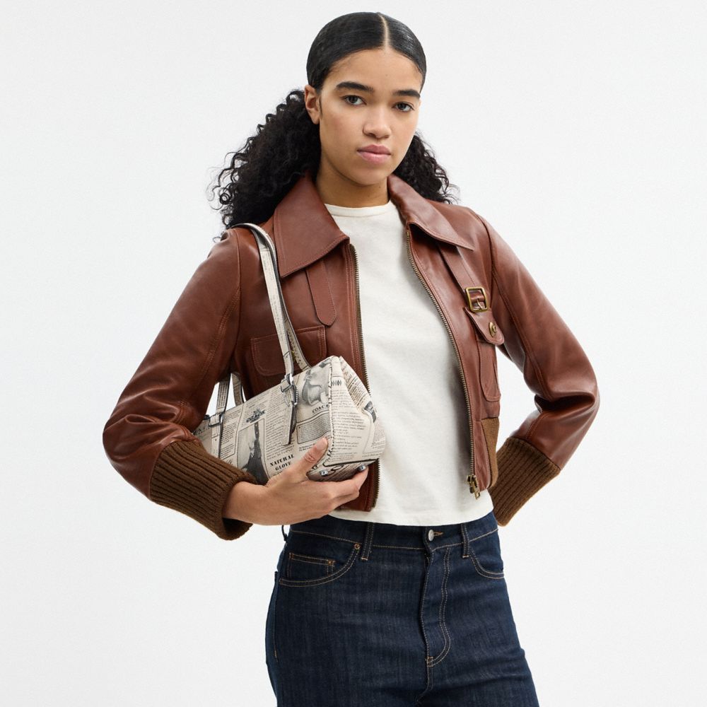 Coach Asher Shoulder Bag With Newspaper Print Silver Chalk Multi