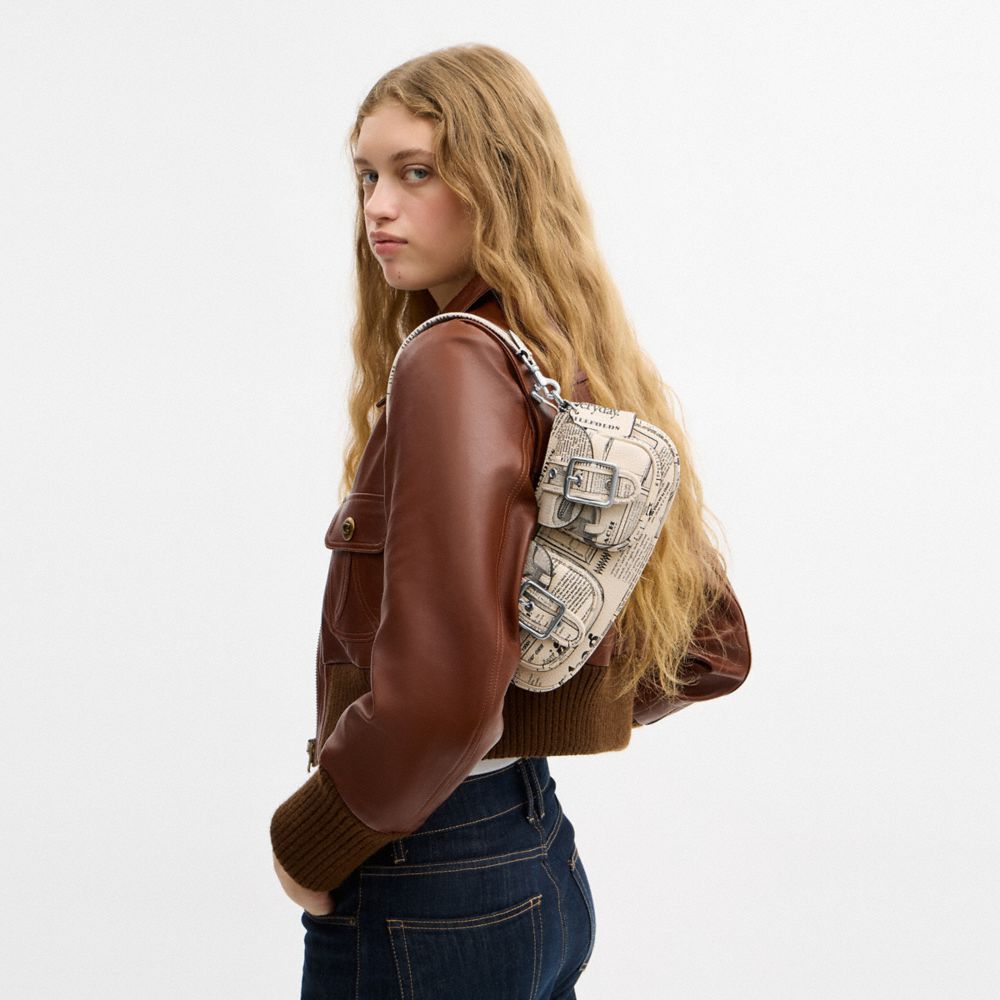 Coach Ashton Shoulder Bag With Newspaper Print Silver Chalk Multi
