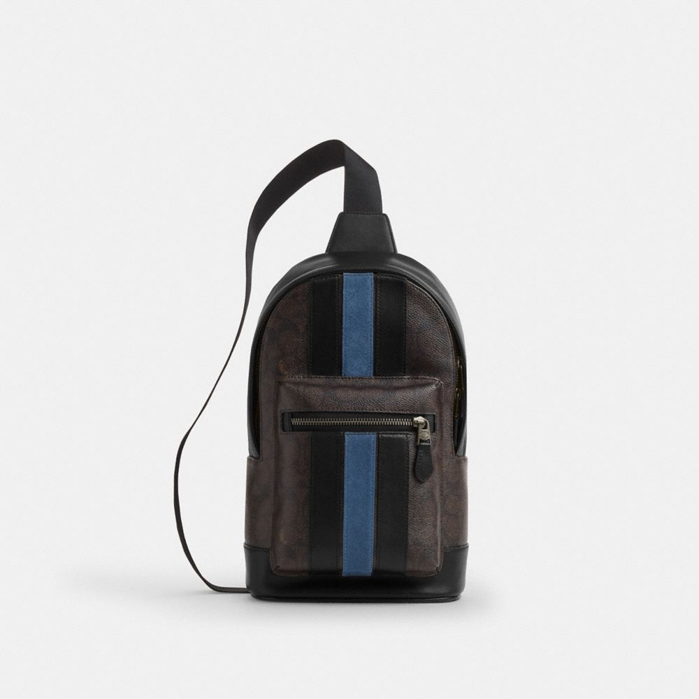 Coach West Pack In Signature Canvas With Varsity Stripe Gunmetal Walnut Multi