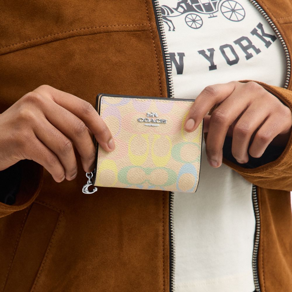 Coach Snap Wallet In Rainbow Signature Canvas Silver