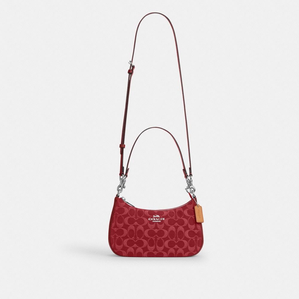 Coach Teri Shoulder Bag In Signature Denim Silver True Red