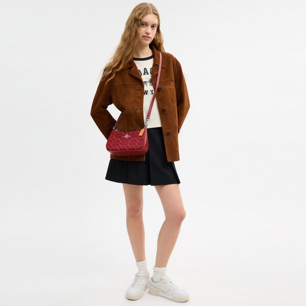 Coach Teri Shoulder Bag In Signature Denim Silver True Red
