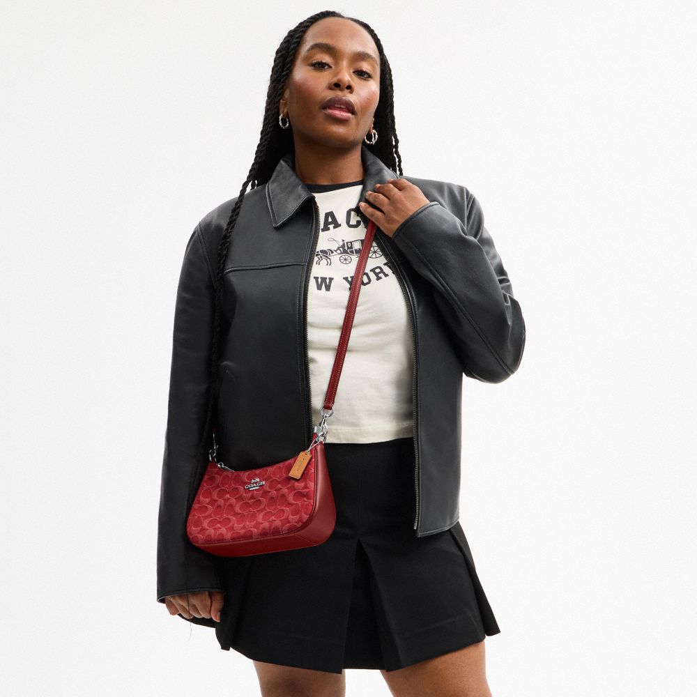 Coach Teri Shoulder Bag In Signature Denim Silver True Red