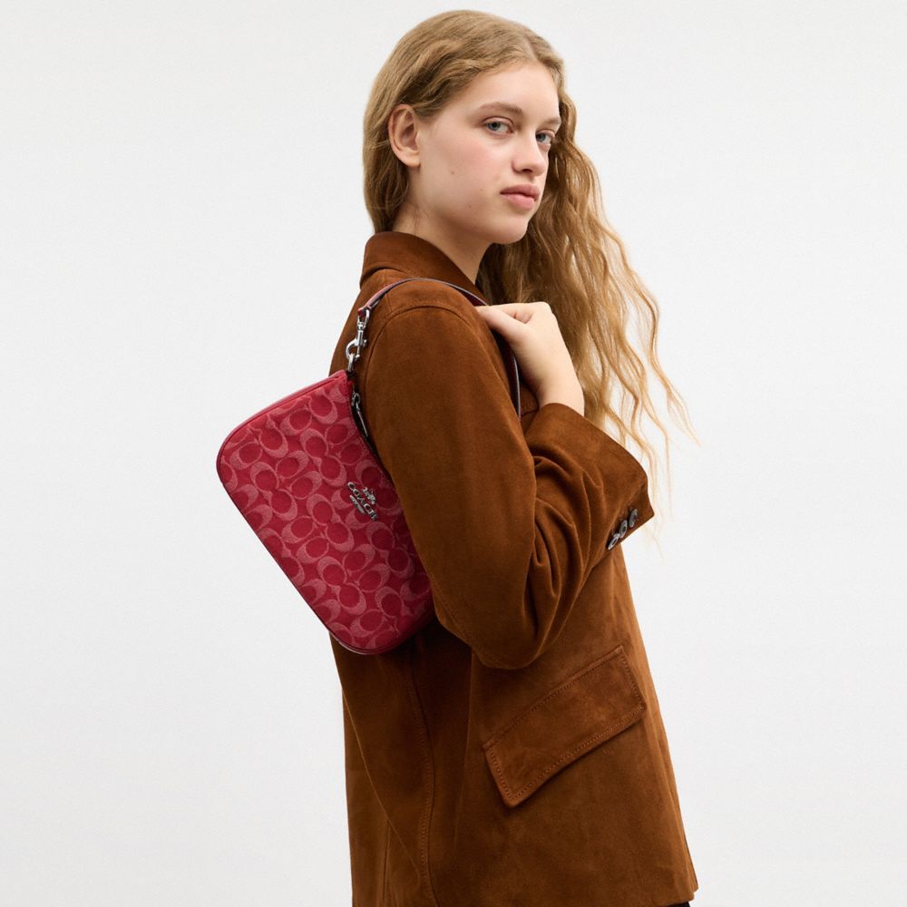 Coach Teri Shoulder Bag In Signature Denim Silver True Red