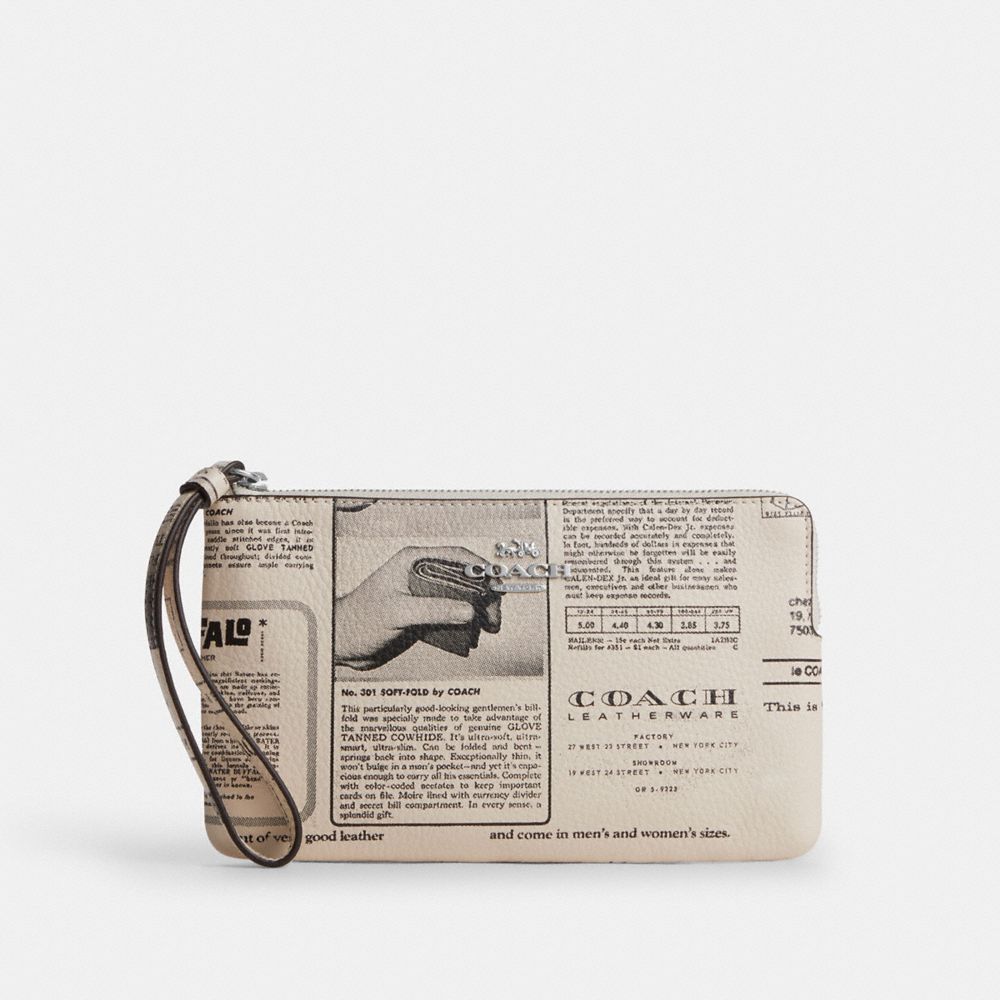 Coach Large Corner Zip Wristlet With Newspaper Print Silver Chalk Multi
