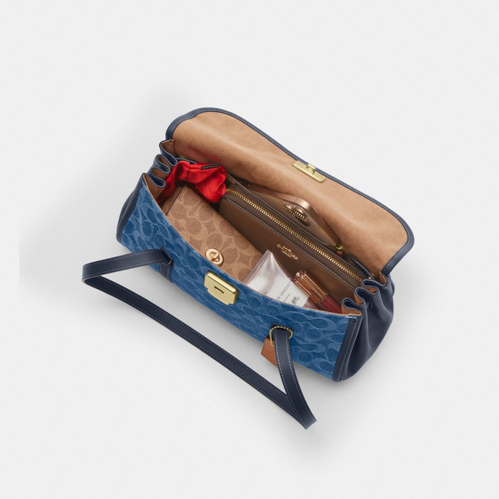 Coach Bridget Flap Shoulder Bag In Signature Denim Gold Indigo