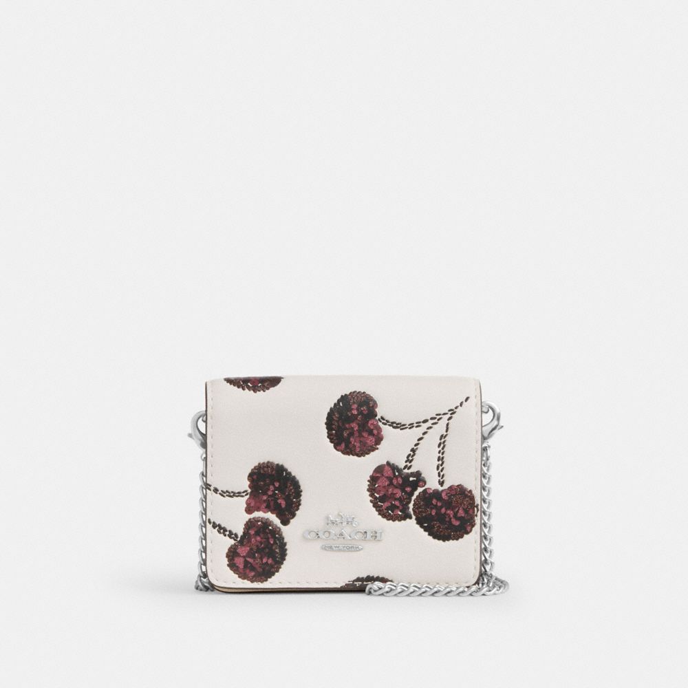 Coach Mini Wallet On A Chain With Cherry Print Silver Chalk Multi