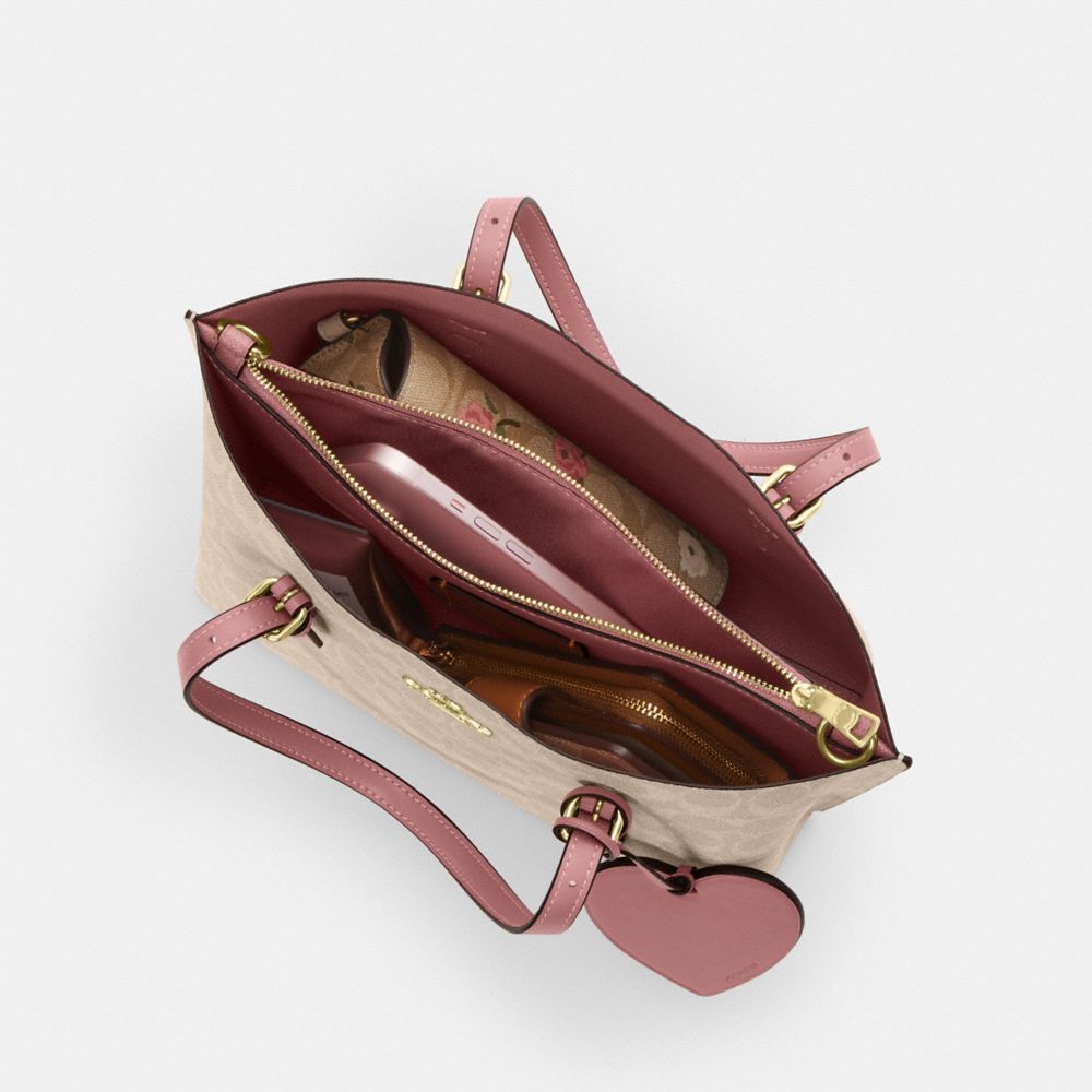 Coach Mollie Tote Bag 25 In Signature Canvas With Heart Charm Gold Sand Peony