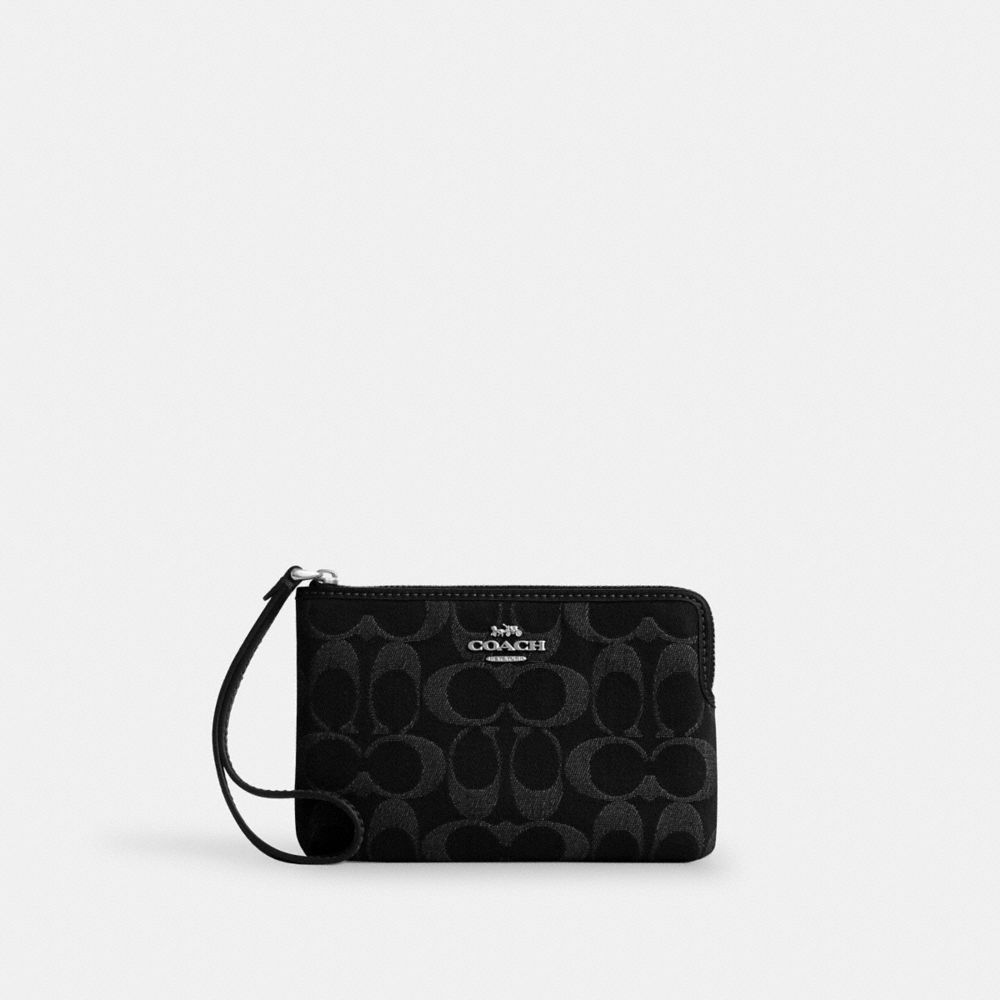 Coach Corner Zip Wristlet In Signature Denim Silver Black