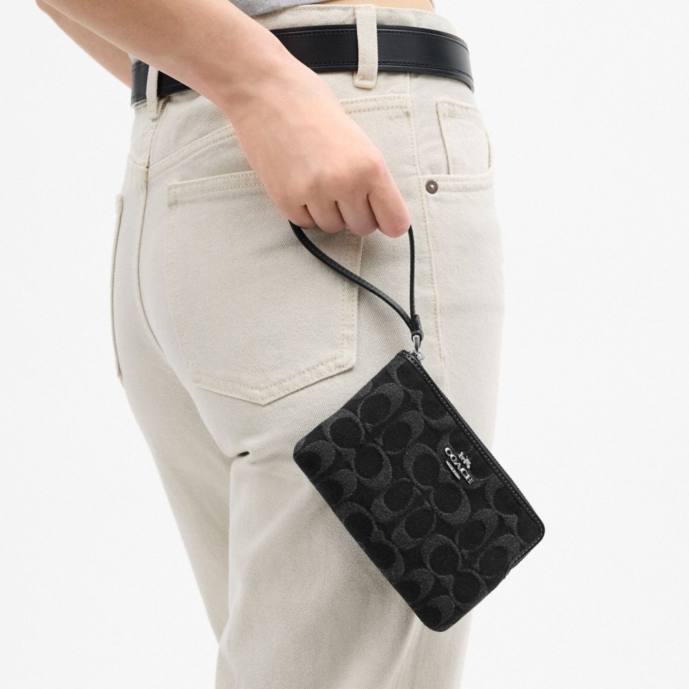 Coach Corner Zip Wristlet In Signature Denim Silver Black