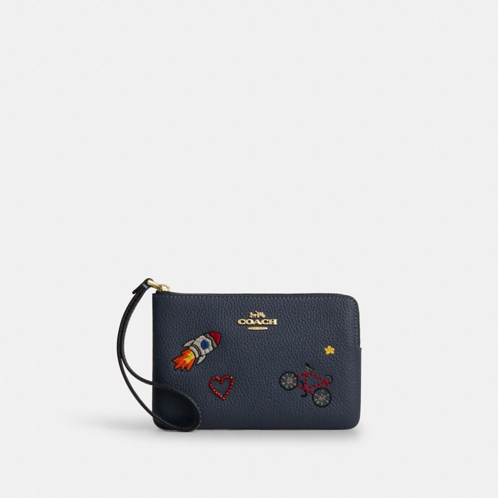 Coach Corner Zip Wristlet Gold Dark Denim