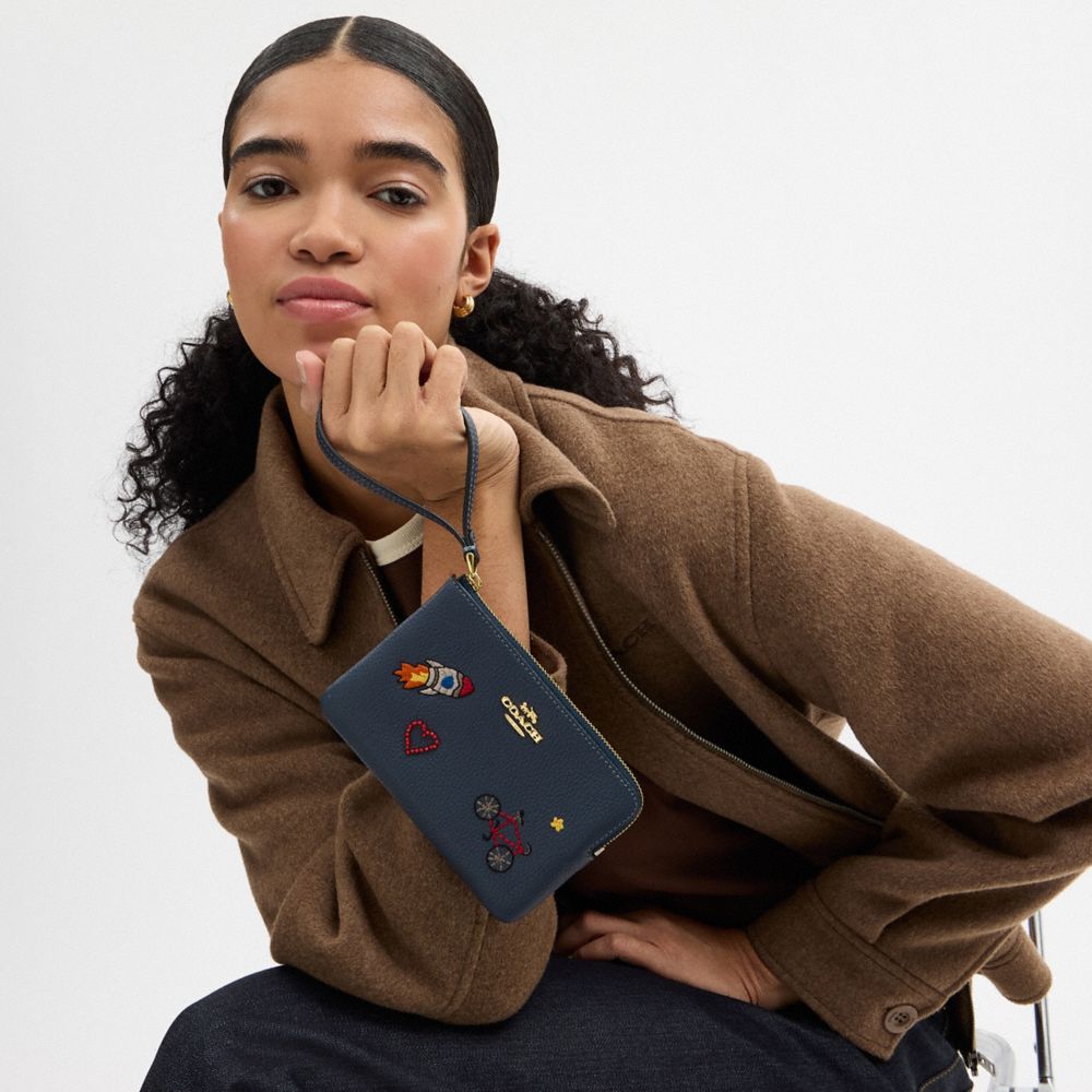 Coach Corner Zip Wristlet Gold Dark Denim