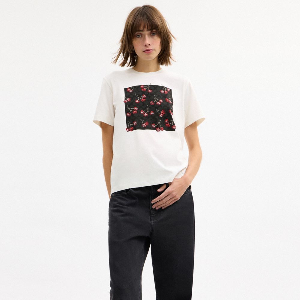 Coach Cherry Signature Classic T Shirt In Organic Cotton Vintage Ivory