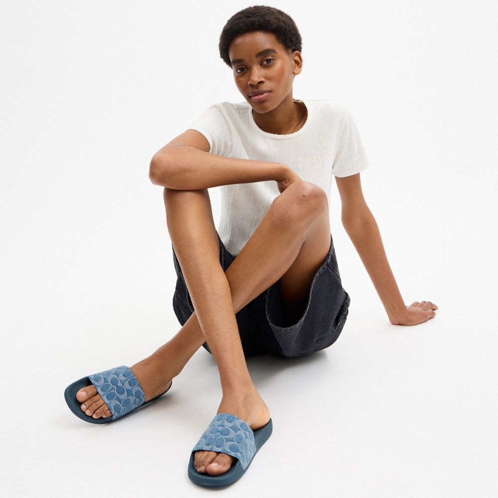 Women's Coach Udele Sport Slide In Regenerative Cotton Signature Denim Indigo