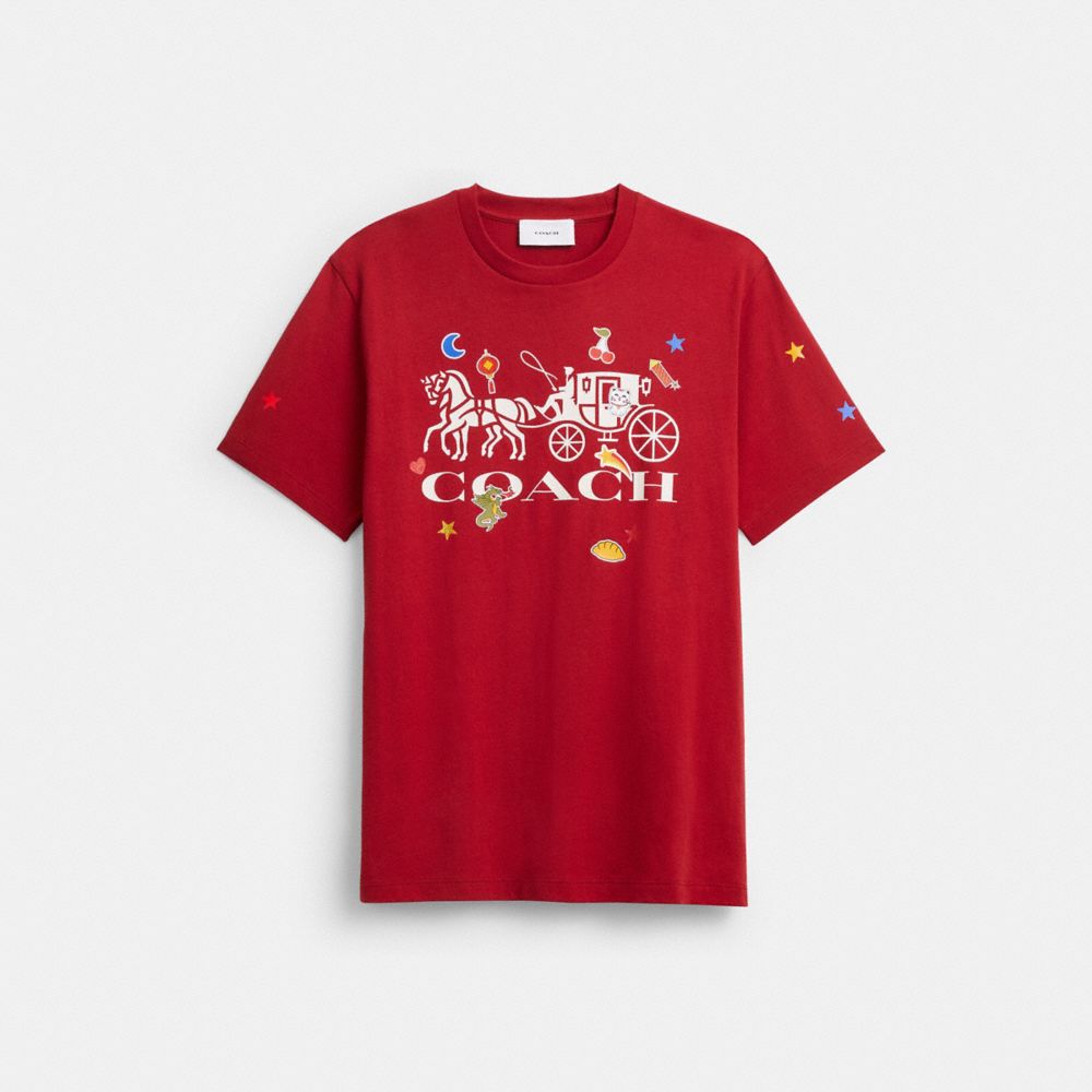 Coach Horse And Carriage Sticker T Shirt In Organic Cotton Red