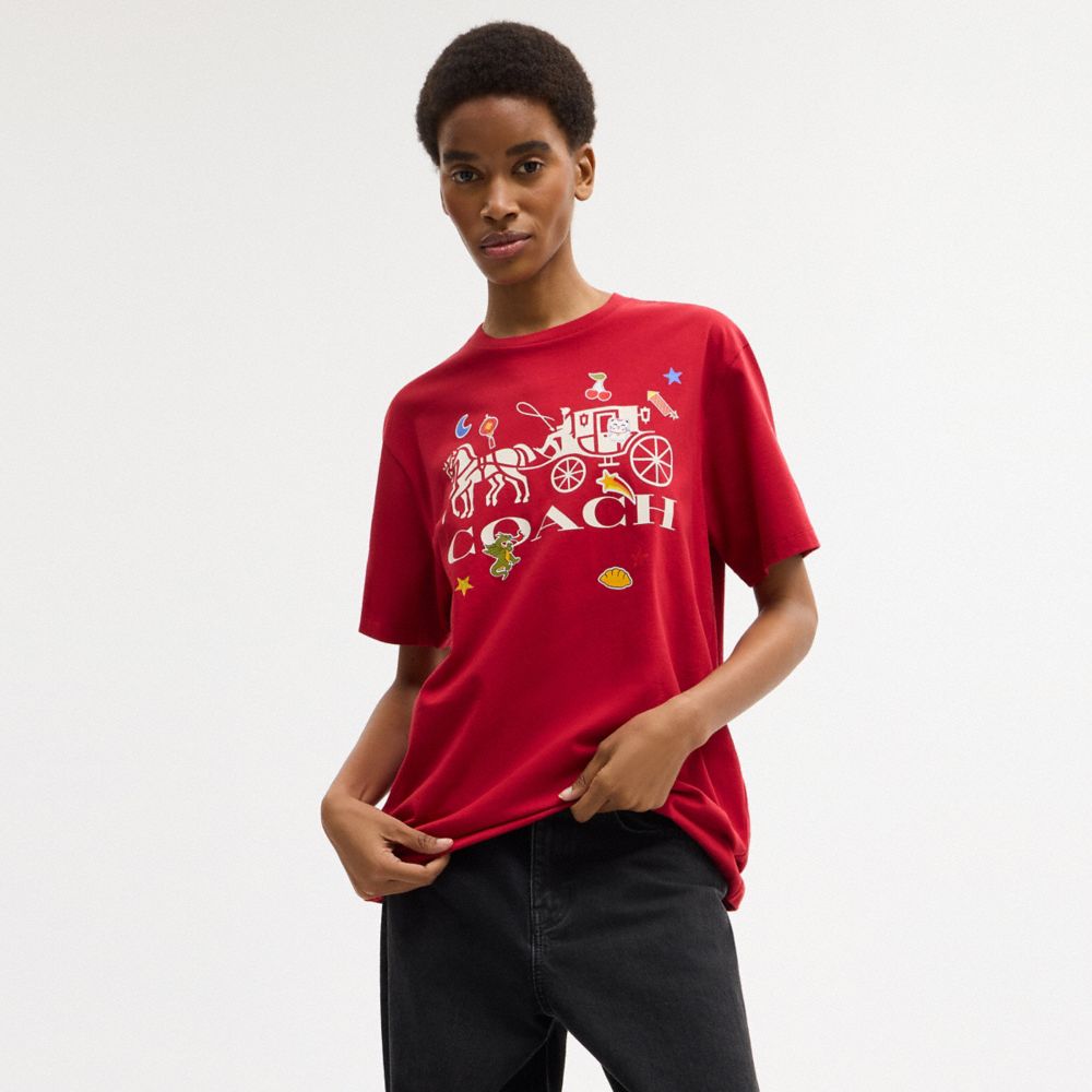 Coach Horse And Carriage Sticker T Shirt In Organic Cotton Red
