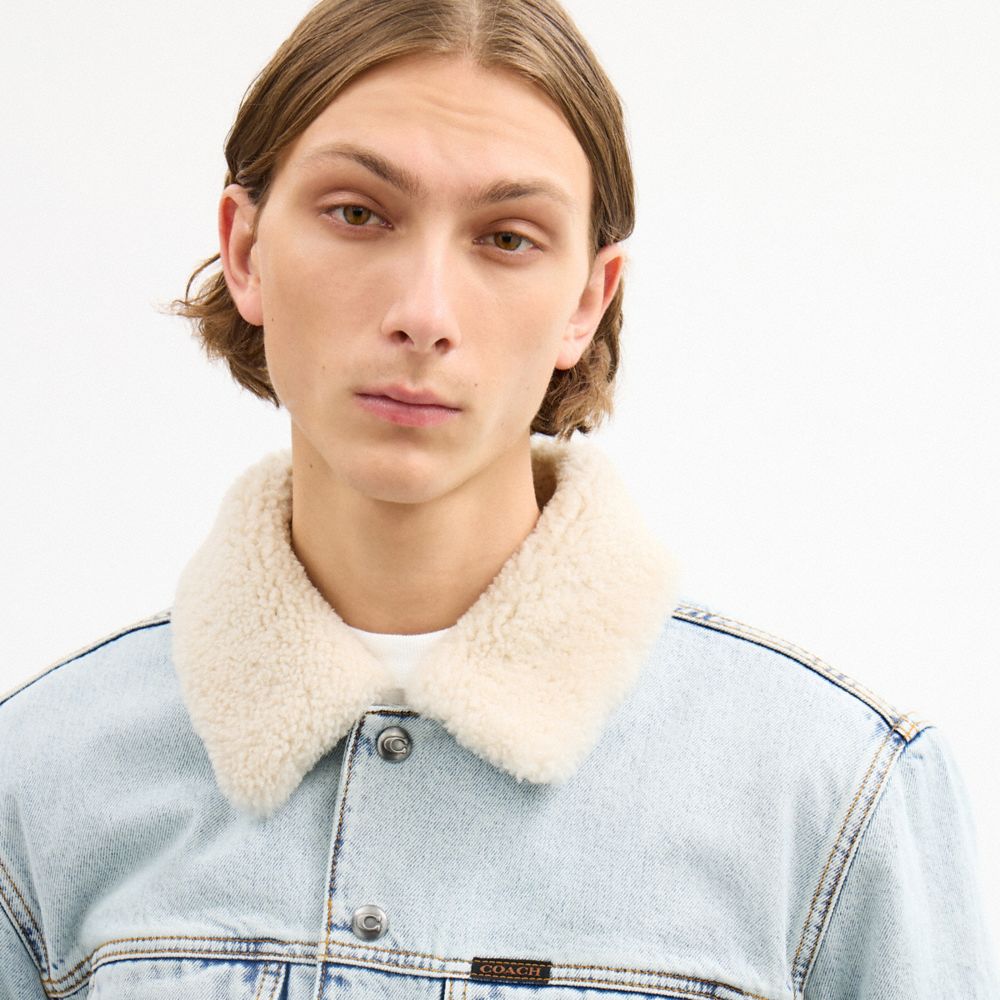 Coach Denim Jacket With Shearling Collar Light Wash