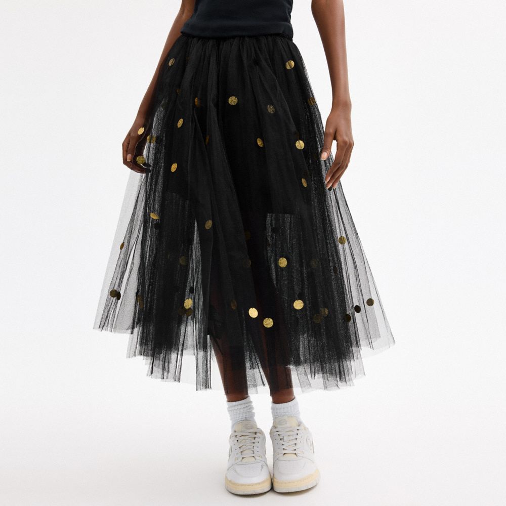 Coach Sequin Paillette Tulle Skirt In Recycled Polyester Black