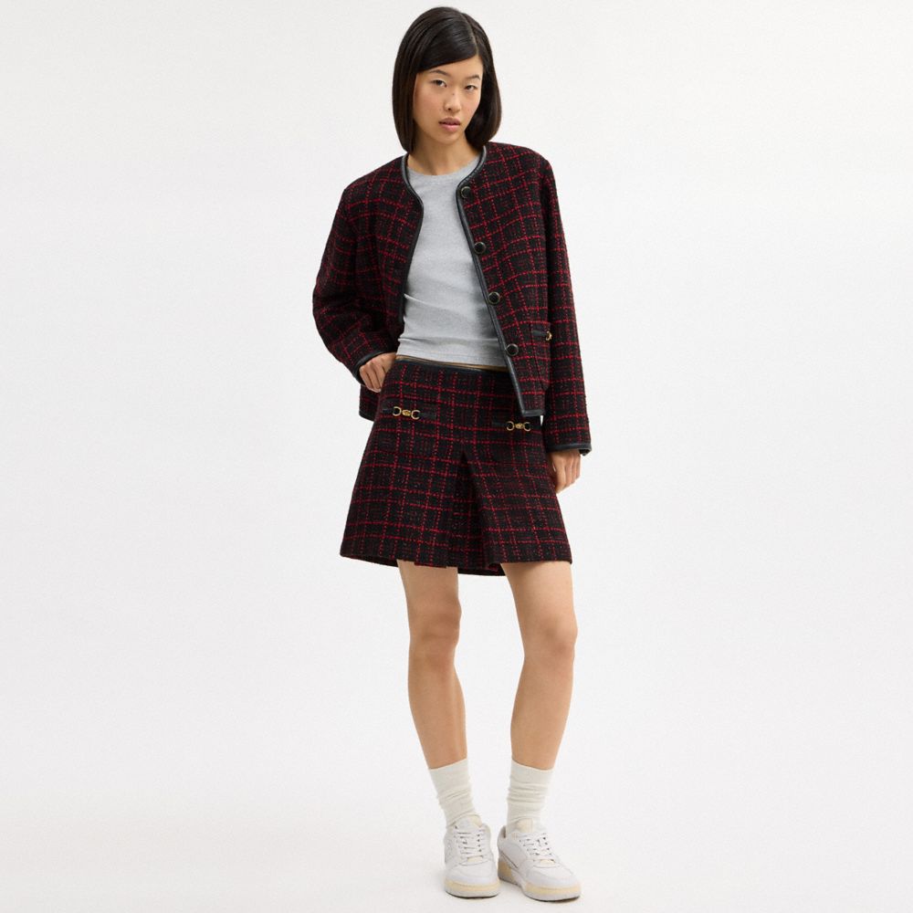 Coach Sculpted C Tweed Skirt Red Black