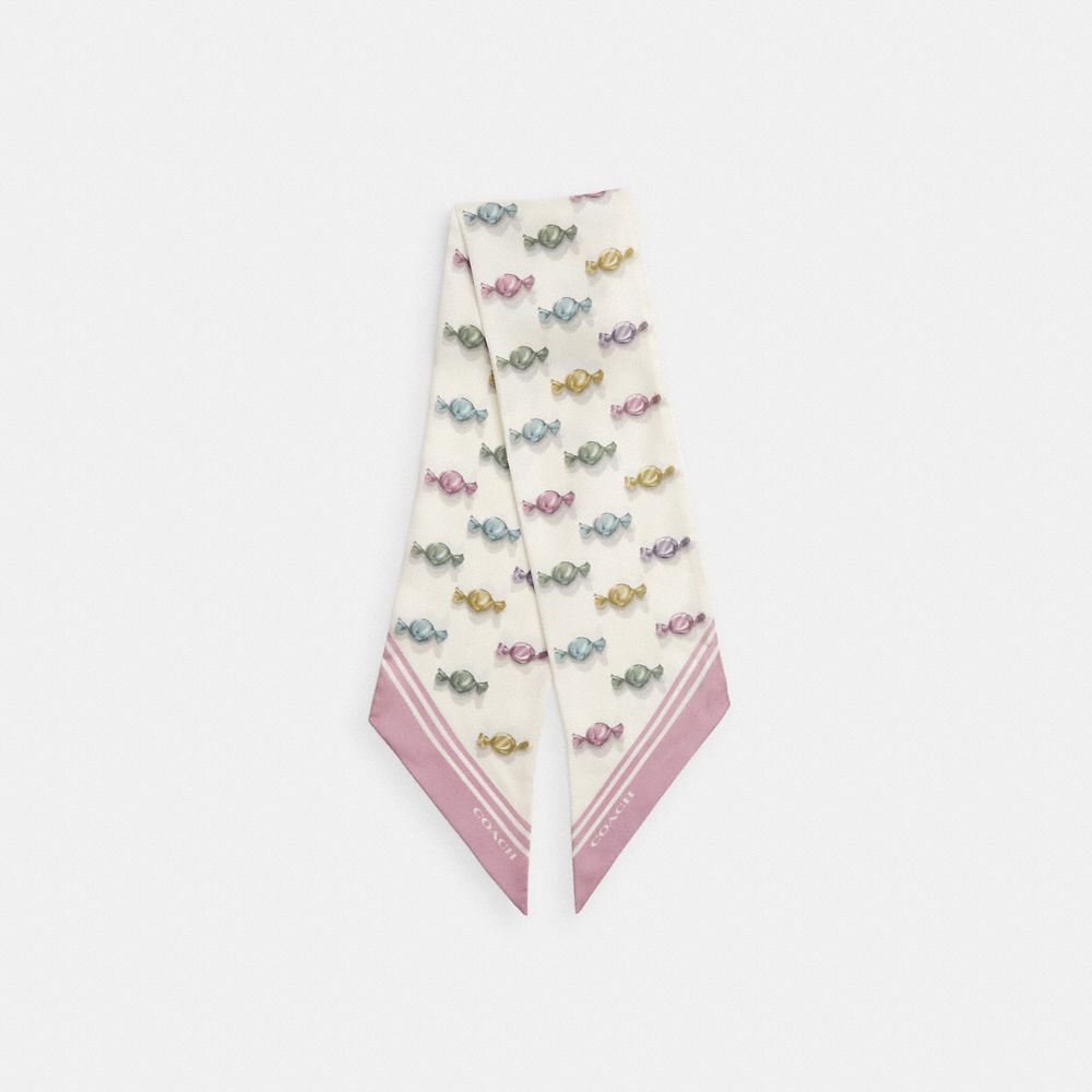 Coach Wrapped Candies Print Silk Wide Skinny Scarf Chalk Multi