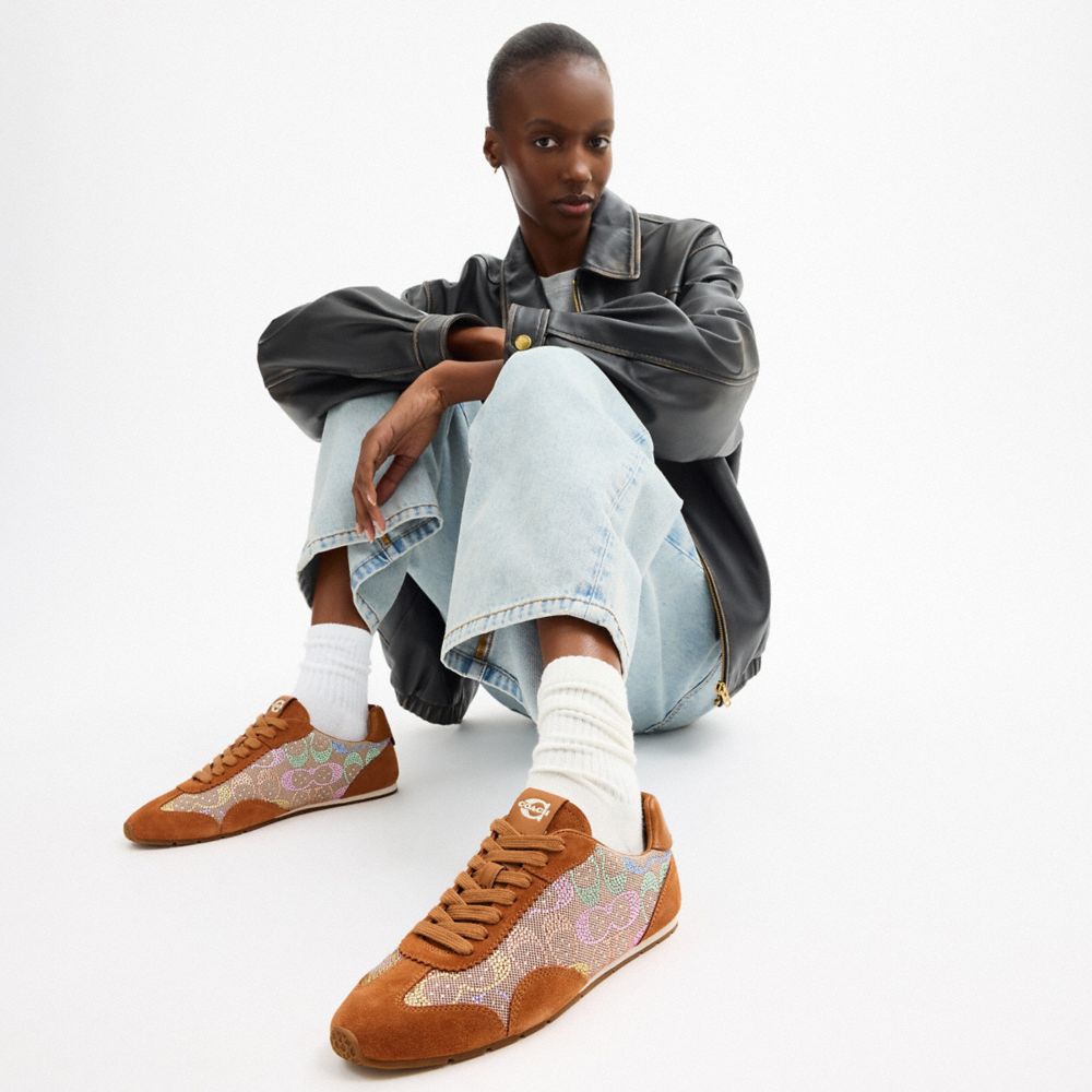 Women's Coach Flat Sneaker In Crystal Signature Jacquard Light Tan Multi