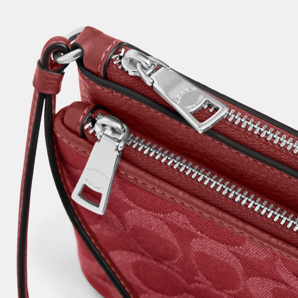 Coach Double Zip Wallet In Signature Denim Silver True Red