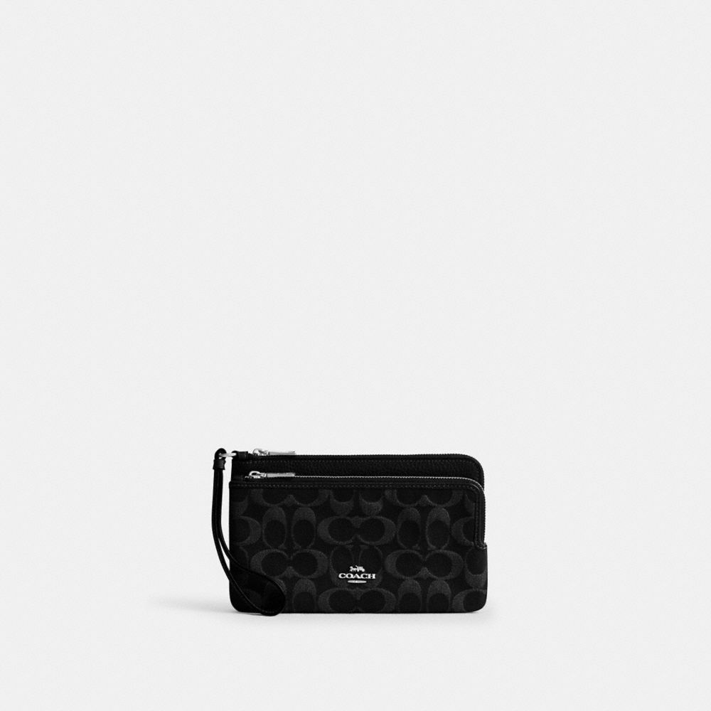 Coach Double Zip Wallet In Signature Denim Silver Black