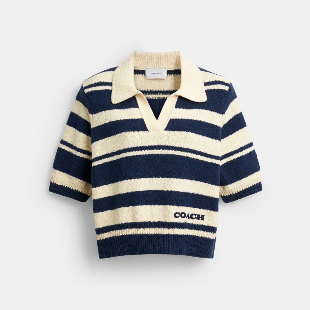 Coach Striped Knit Polo Navy Ivory