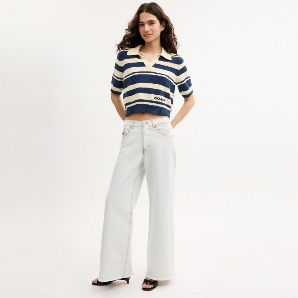Coach Striped Knit Polo Navy Ivory