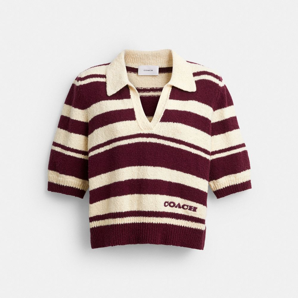 Coach Striped Knit Polo Burgundy Ivory