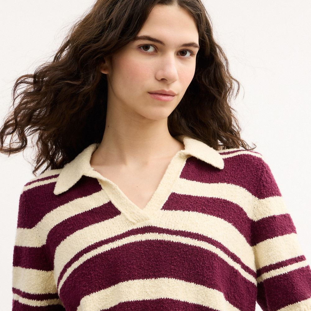 Coach Striped Knit Polo Burgundy Ivory