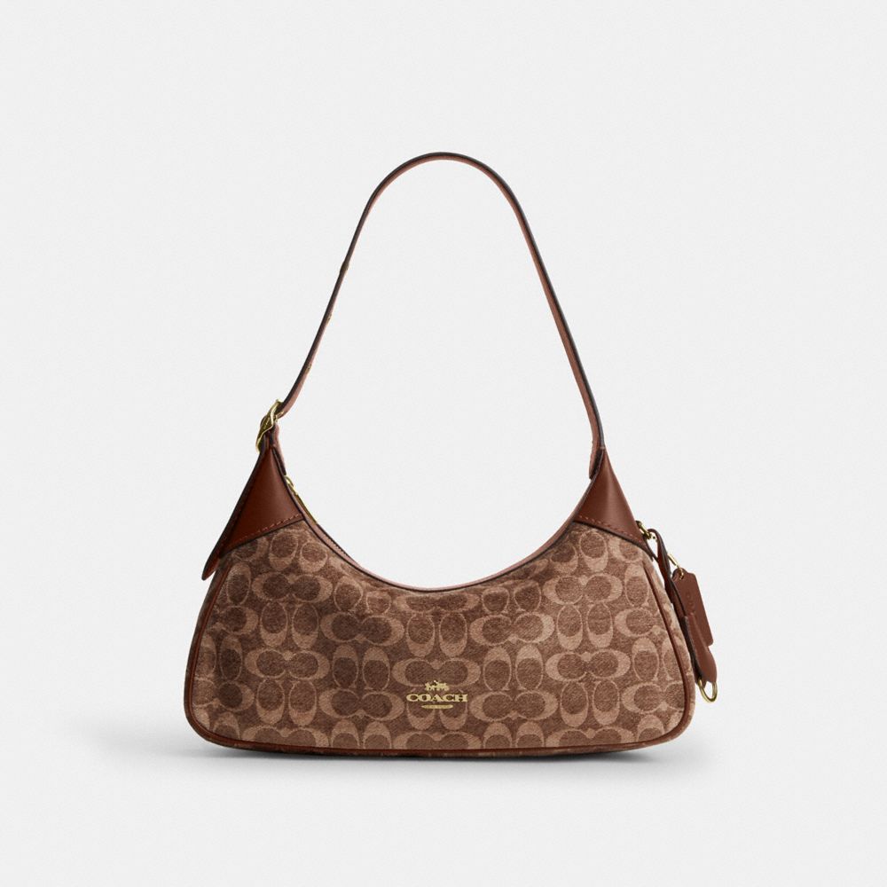 Coach Ella Small Shoulder Bag In Signature Chenille Gold Light Khaki Vintage Brown